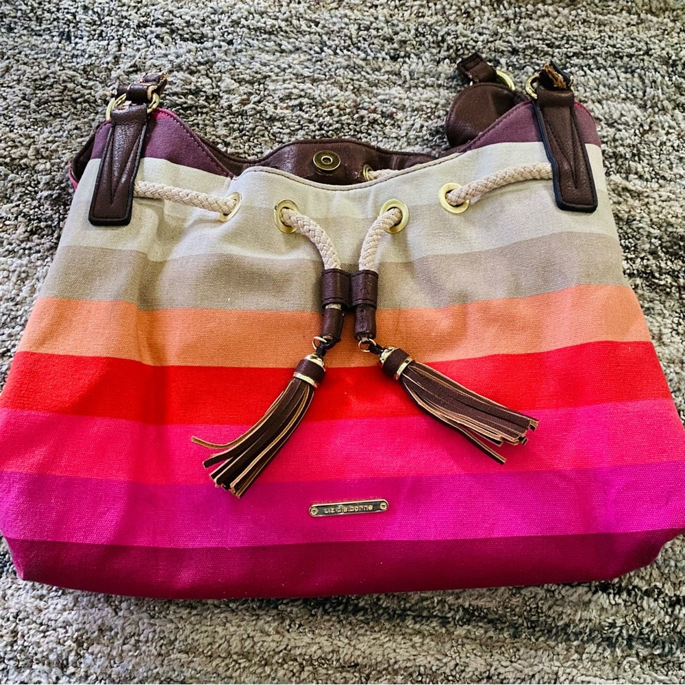 Liz Claiborne Striped Canvas Purse in Pink, Red, Coral and Cream Stripes